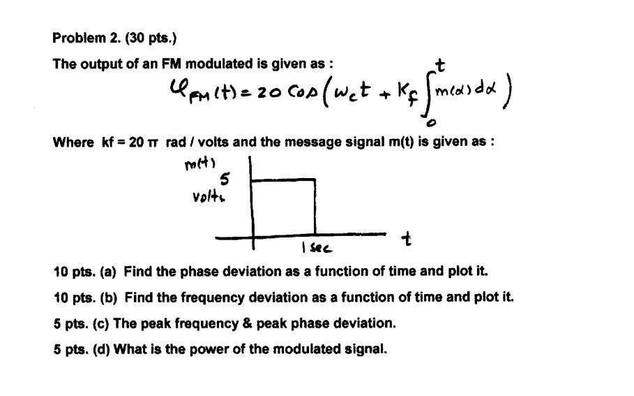 Solved Problem 2. (30 pts.) The output of an FM modulated is | Chegg.com