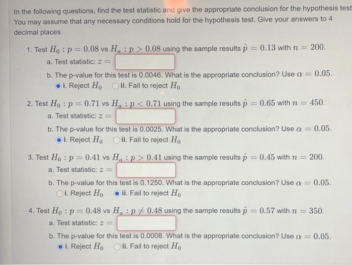 Solved In the following questions, find the test statistic | Chegg.com