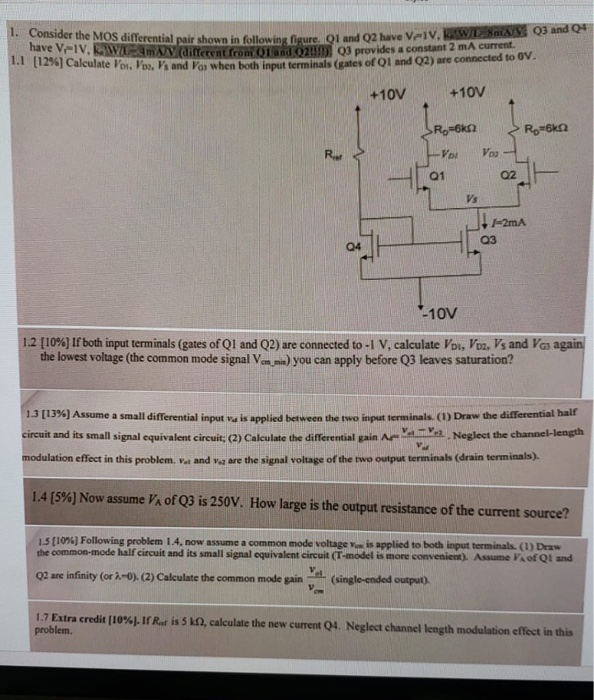 1. Consider the MOS differential pair shown in | Chegg.com