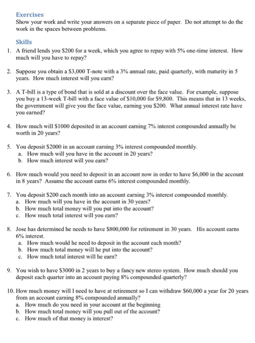 Solved Exercises Show your work and write your answers on a | Chegg.com