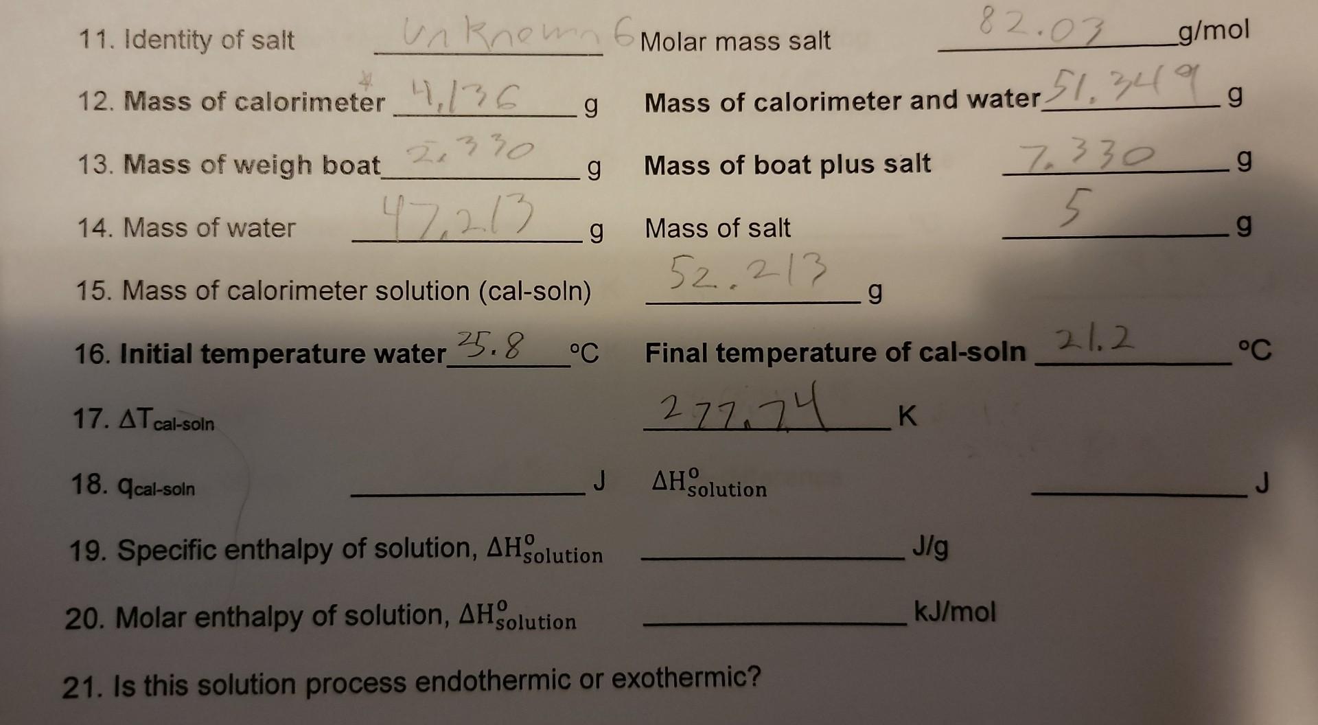 11. Identity of salt Molar mass salt 82.03 g/mol 12. | Chegg.com