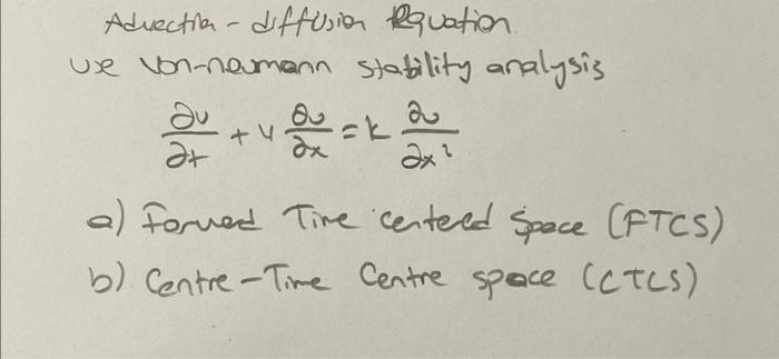 Advection - diffusion Rquation
ux Von-neumann stability analysis
\[
\frac{\partial u}{\partial t}+u \frac{\partial u}{\partia