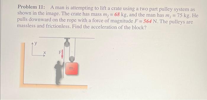 Problem 11: A man is attempting to lift a crate using a two part pulley system as shown in the image. The crate has mass \( m