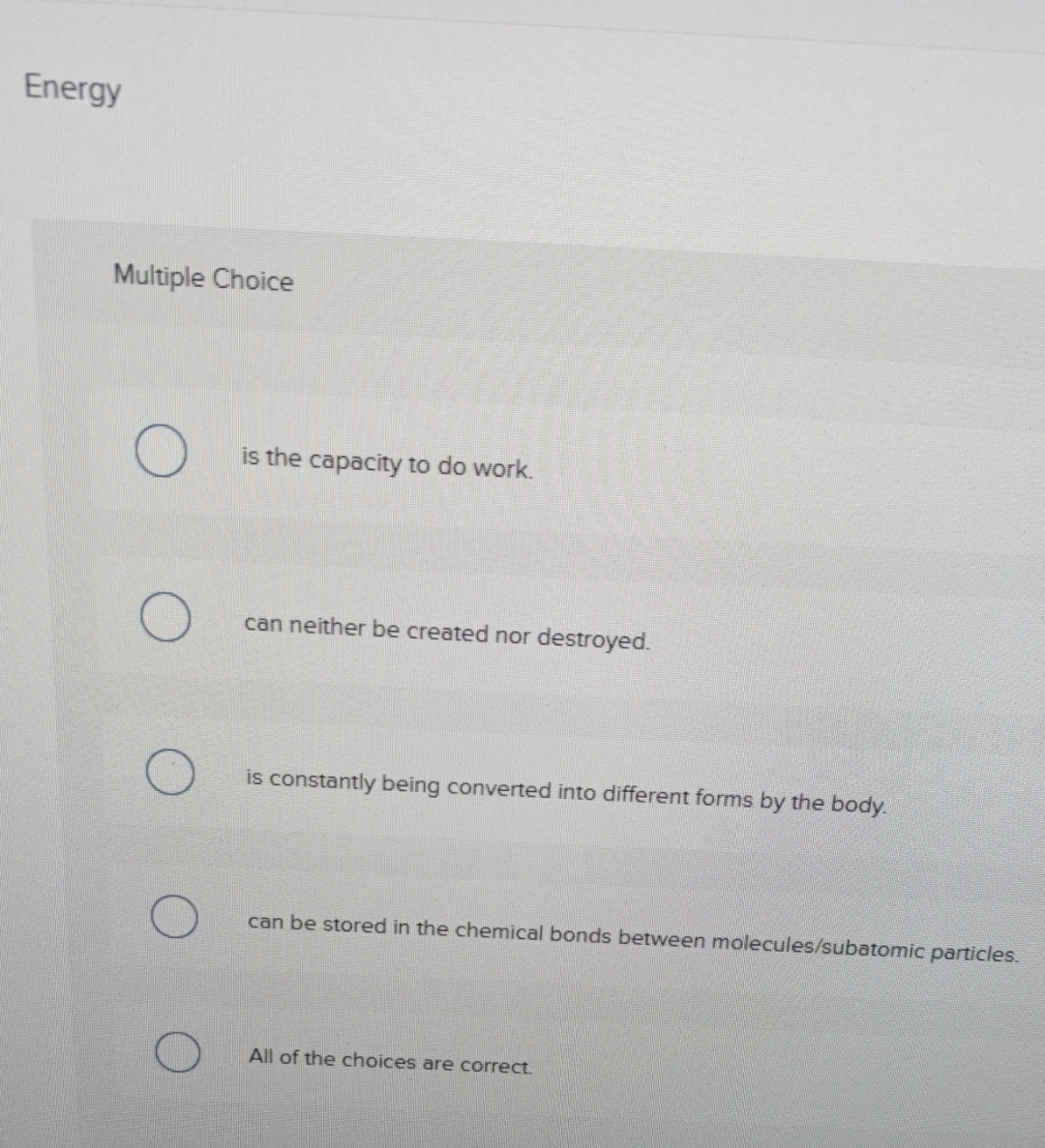 Energy Capacity Answer Solved EnergyMultiple Choice is the capacity to do | Chegg.com