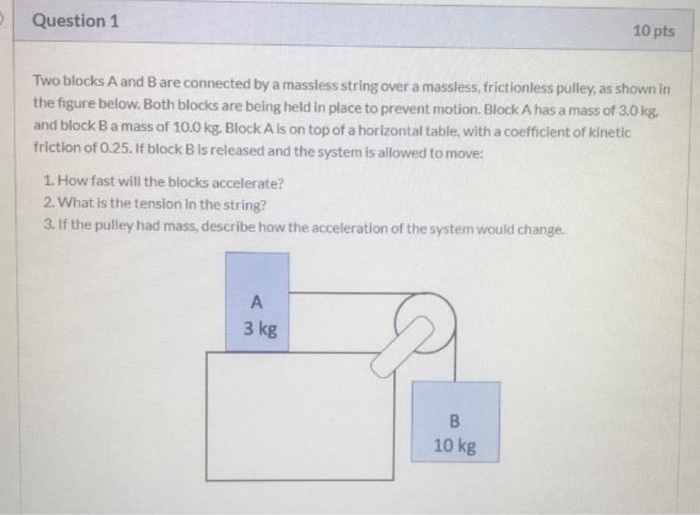Solved Question 1 10 pts Two blocks A and B are connected by | Chegg.com