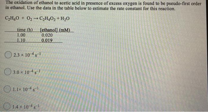 Solved The oxidation of ethanol to acetic acid in presence Chegg