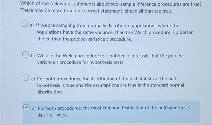 Solved Which of the following statements about two-sample | Chegg.com