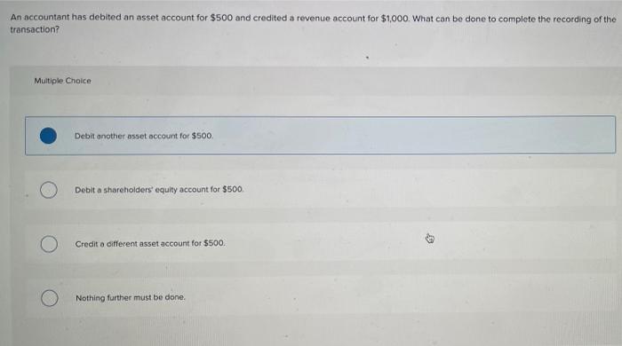 Solved An accountant has debited an asset account for $500 | Chegg.com