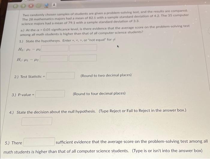 Solved Two randomiy chosen samples of students are given a | Chegg.com