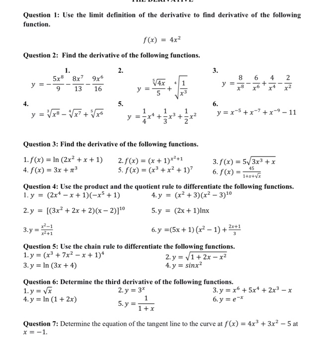 Solved Question 1: Use the limit definition of the | Chegg.com