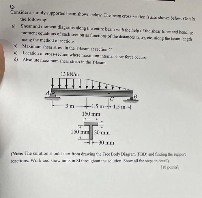 Q.
Consider a simply supported beam shown below. The beam cross-section is also shown below. Obtain the following:
a) Shear a