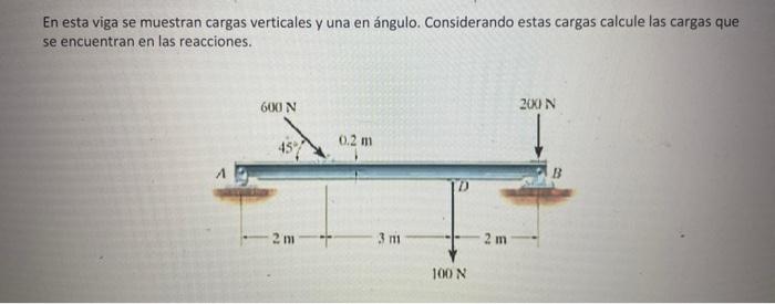 En esta viga se muestran cargas verticales y una en ángulo. Considerando estas cargas calcule las cargas que se encuentran en