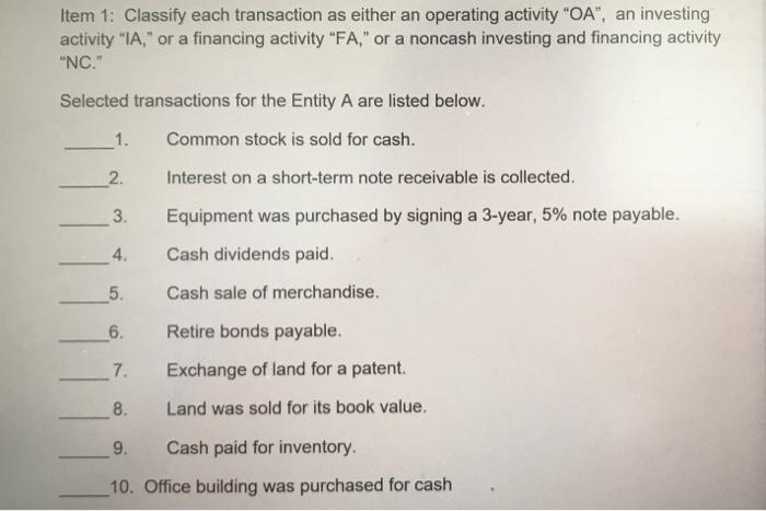 Solved Item 1: Classify each transaction as either an | Chegg.com