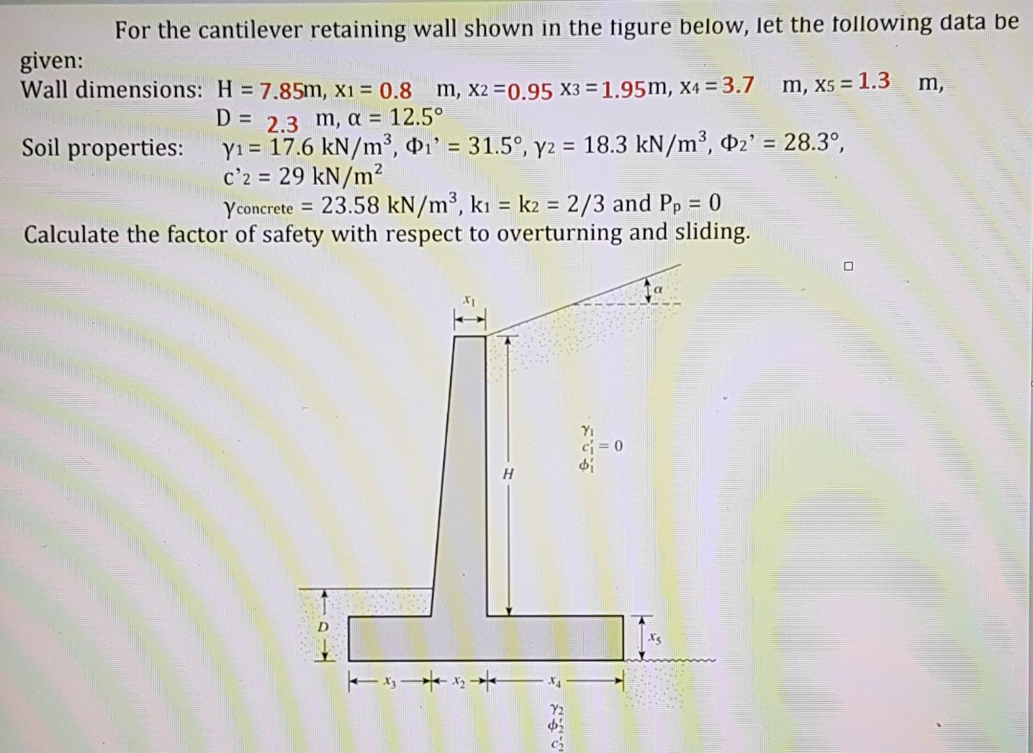 Solved For the cantilever retaining wall shown in the figure | Chegg.com