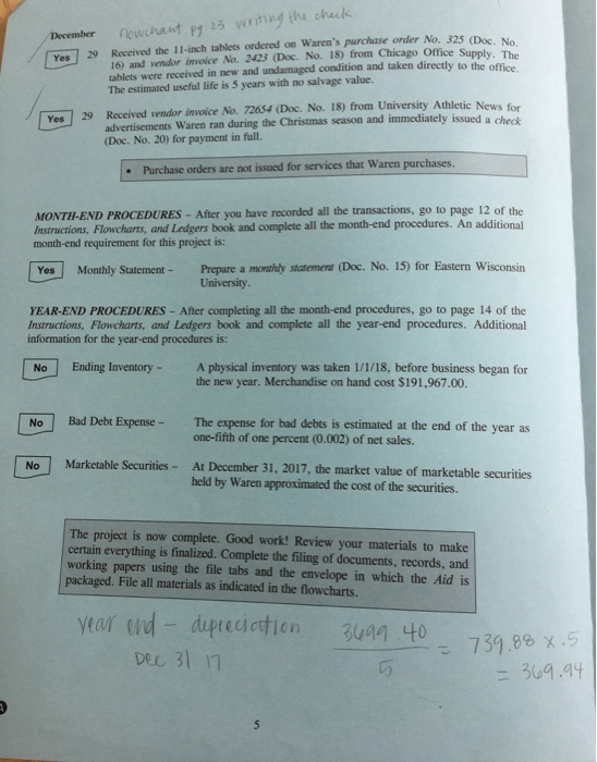 flowchant pg 23 writing the check Yes 29 December Received the 11-inch tablets ordered on Warens purchase order No. 325 (Doc