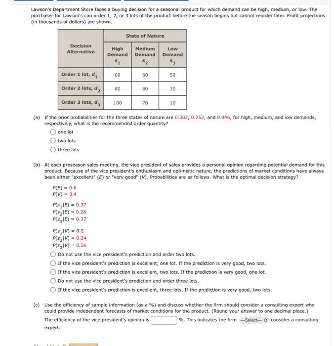 Solved Lawson's Department Store faces a buying decision for