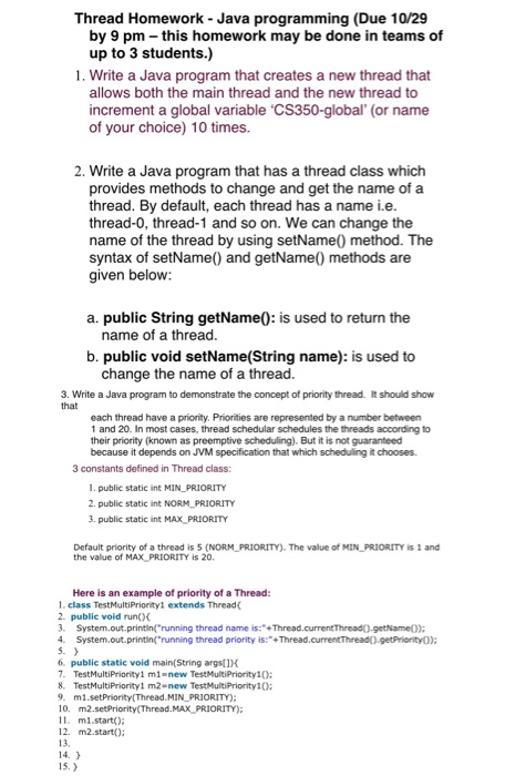 Solved Thread Homework - Java programming (Due 10/29 by 9 pm | Chegg.com