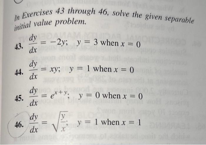 Solved In Exercises 43 through 46, solve the given separable | Chegg.com