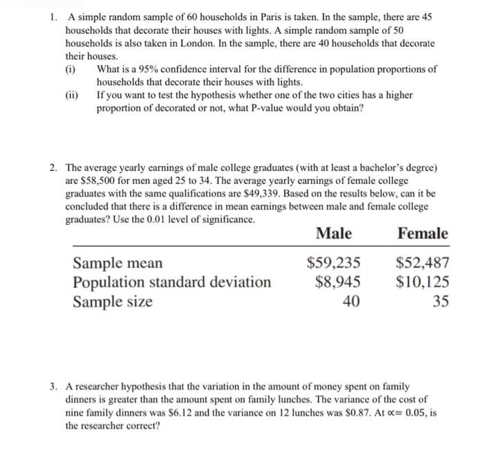 Solved 1. A simple random sample of 60 households in Paris | Chegg.com
