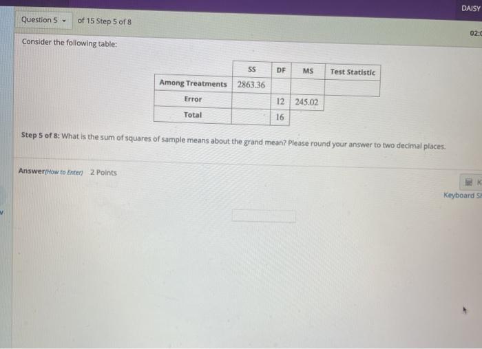 Solved Question 5 - of 15 Step 1 of 8 Consider the following | Chegg.com