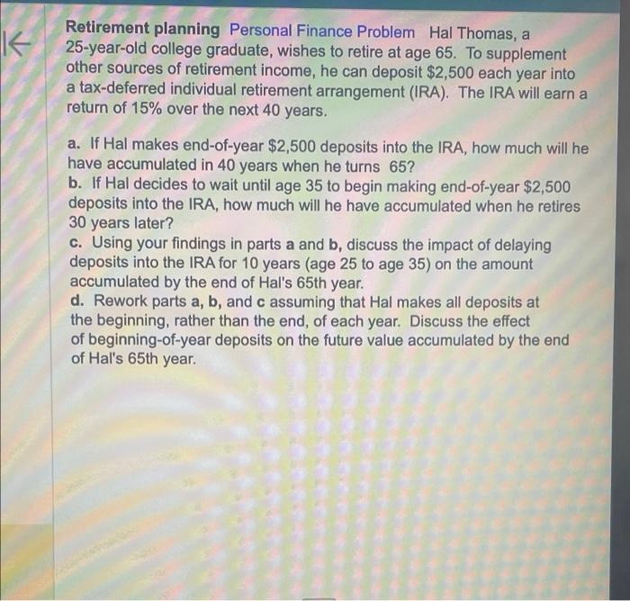 Solved Retirement planning Personal Finance Problem Hal | Chegg.com