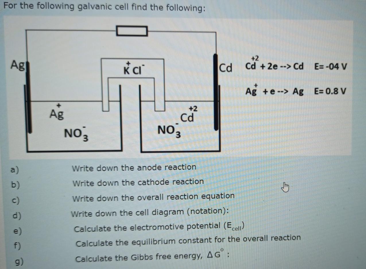 Solved For the following galvanic cell find the following: | Chegg.com
