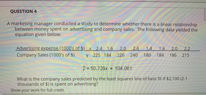 Solved QUESTION 4 A marketing manager conducted a study to | Chegg.com