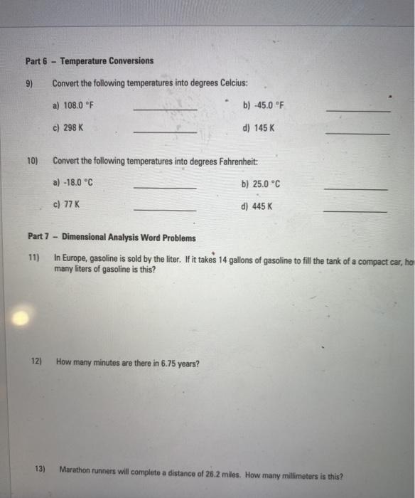Solved Part 6 - Temperature Conversions 9) Convert the | Chegg.com