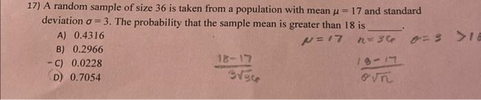 Solved 17) A random sample of size 36 is taken from a | Chegg.com