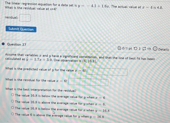 Solved The linear regression equation for a data set is | Chegg.com