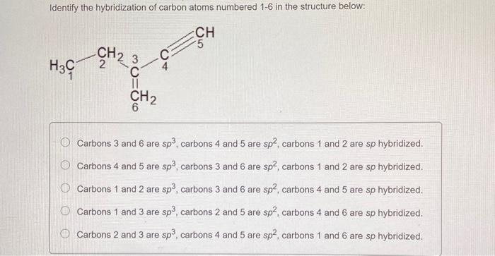 Solved Identify the hybridization of carbon atoms numbered | Chegg.com