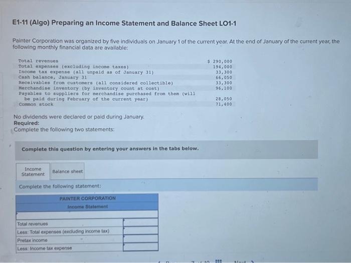 Solved E1 7 Algo Preparing An Income Statement Lo1 1 Bigco 5918