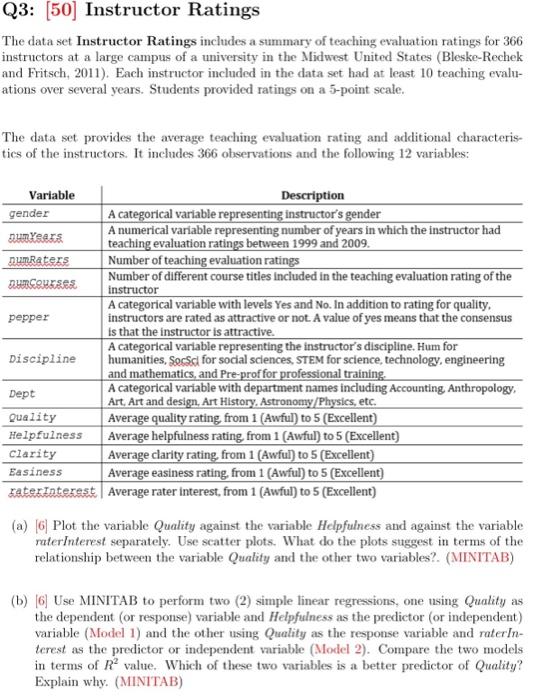 Solved Q3: [50] Instructor Ratings The data set Instructor | Chegg.com