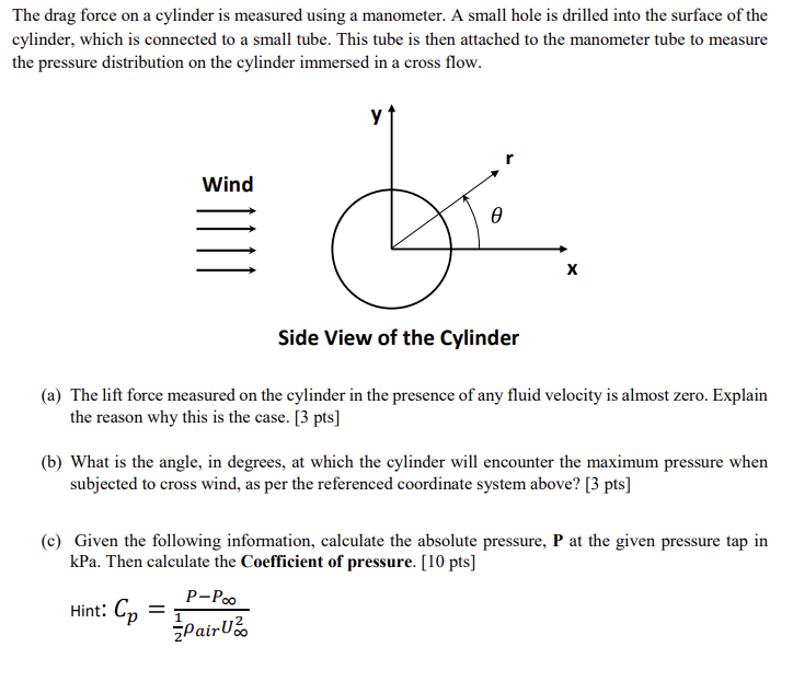 Solved The drag force on a cylinder is measured using a | Chegg.com