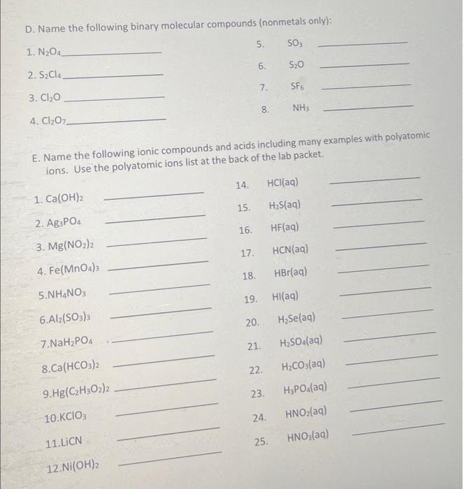 Solved D. Name the following binary molecular compounds | Chegg.com