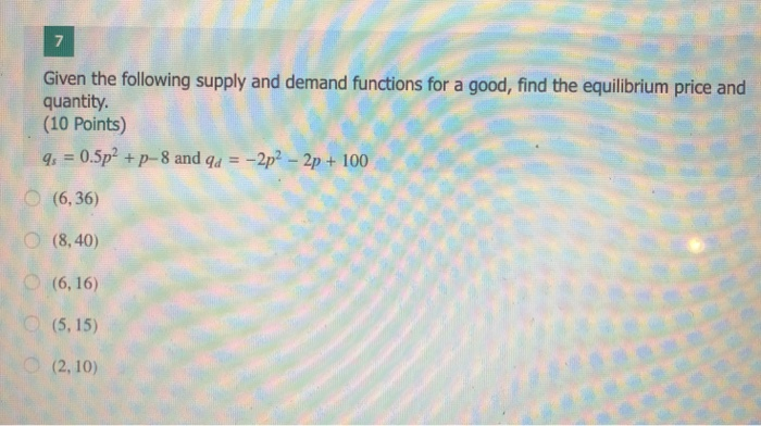 Solved 7 Given the following supply and demand functions for | Chegg.com