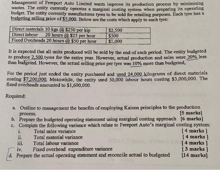 Solved Management of Freeport Auto Limited wants improve its
