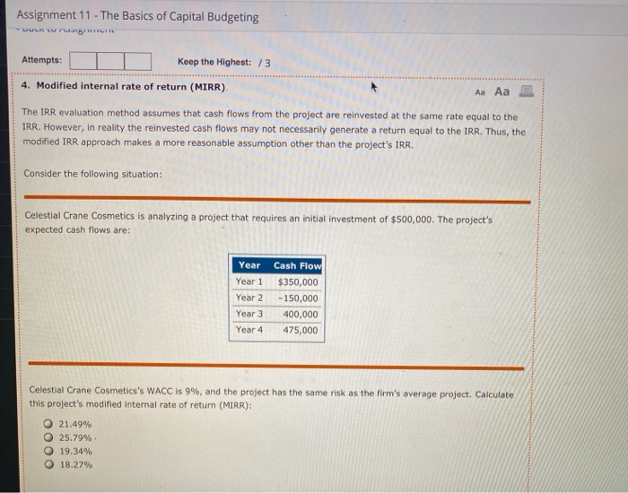 Solved Assignment 11 - The Basics of Capital Budgeting DULU | Chegg.com