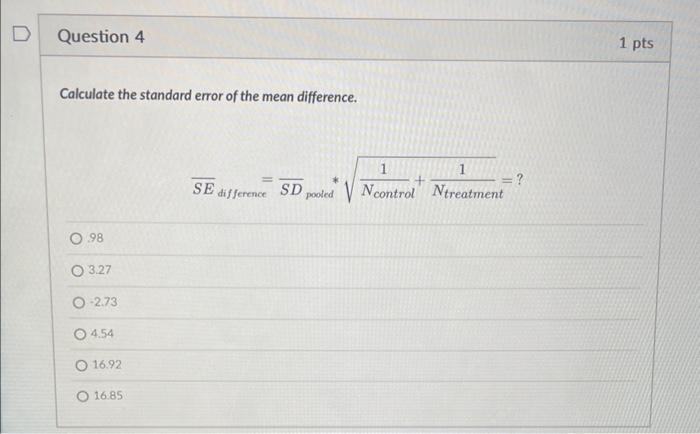 Calculate the standard error of the mean difference. | Chegg.com
