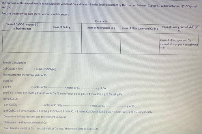 Solved data:mass of CuSO4: 7gmass of Fe: 2gmass of filter | Chegg.com