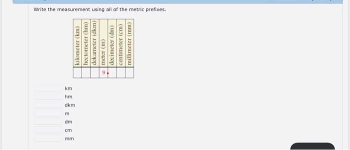 Solved Kilometer Km Hectometer Hm Dektml Km Meter M Chegg Com