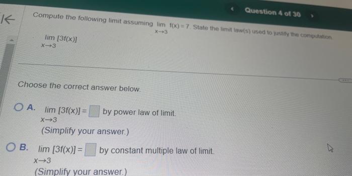 Solved Compute the following limit assuming limx→3f(x)=7. | Chegg.com