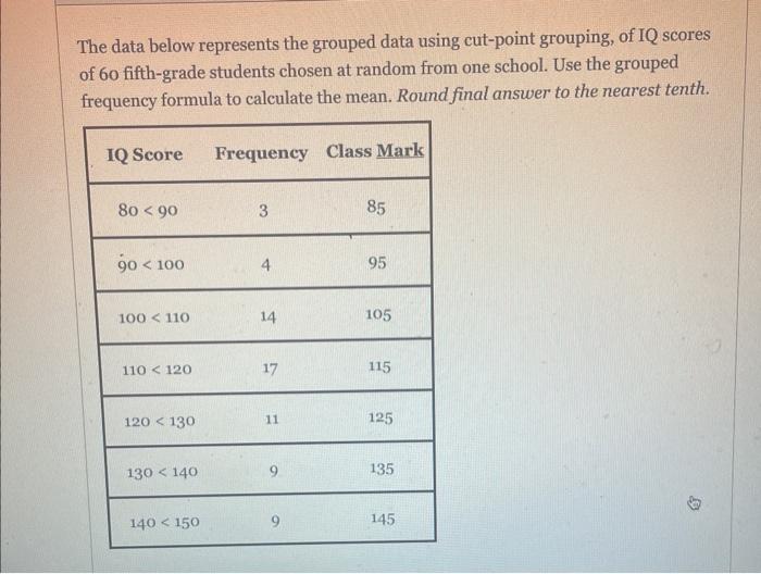 The data below represents the grouped data using cut-point grouping, of IQ scores of 60 fifth-grade students chosen at random