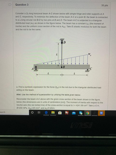 Question 3 35 pts Consider a 2-long horizonal beam | Chegg.com