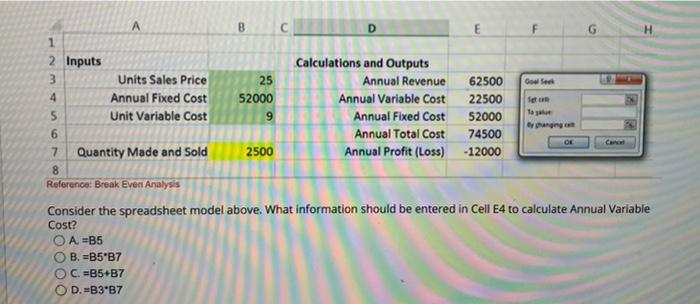 Solved Consider The Following Excel Spreadsheet. Reference: | Chegg.com