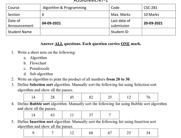 Solved Algorithm & Programming 6 CSC-281 10 Marks Course | Chegg.com
