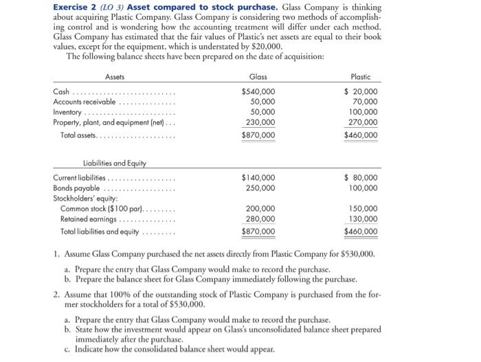 Exercise 2 ( LO 3) Asset compared to stock purchase. | Chegg.com