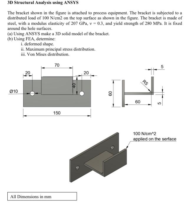 Solved 3D Structural Analysis using ANSYS The bracket shown | Chegg.com