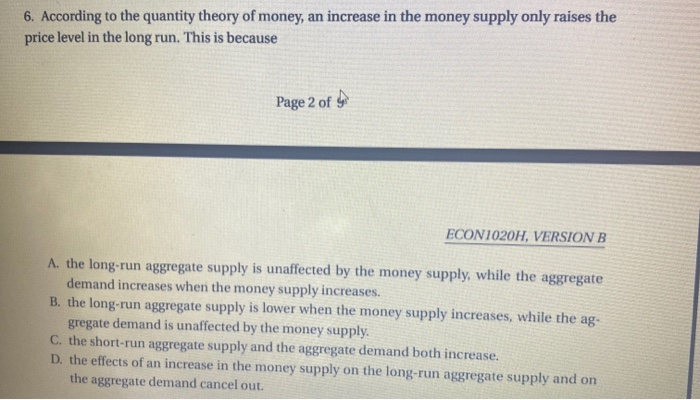 Solved 6. According to the quantity theory of money, an | Chegg.com