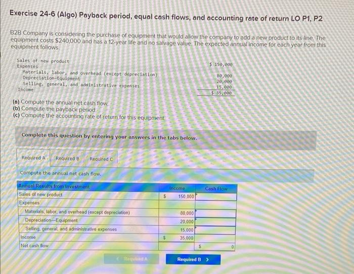 Solved Exercise 246 (Algo) Payback period, equal cash